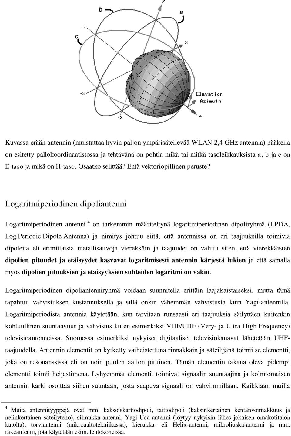 Logaritmiperiodinen dipoliantenni Logaritmiperiodinen antenni 4 on tarkemmin määriteltynä logaritmiperiodinen dipoliryhmä (LPDA, Log Periodic Dipole Antenna) ja nimitys johtuu siitä, että antennissa