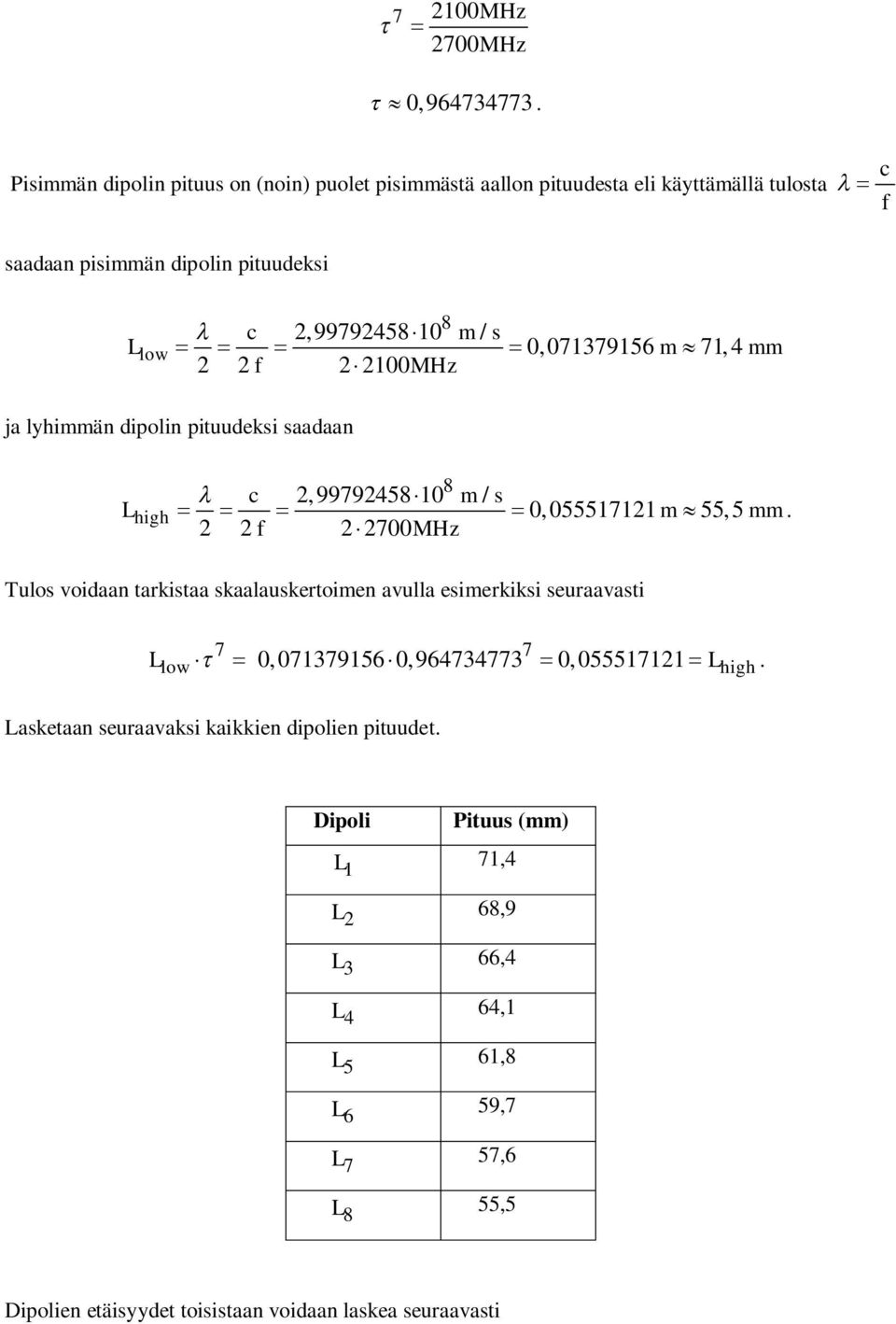 0,071379156 m 71, 4 mm 2 2 f 2 2100MHz ja lyhimmän dipolin pituudeksi saadaan 8 c 2,99792458 10 m/ s Lhigh 0,055517121 m 55,5 mm.