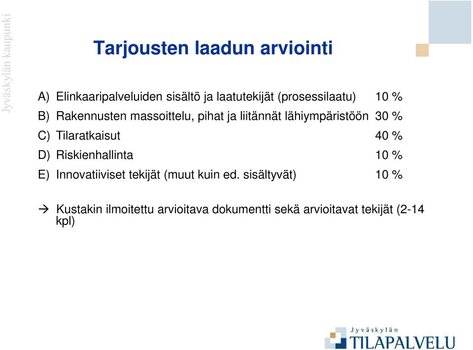 % C) Tilaratkaisut 40 % D) Riskienhallinta 10 % E) Innovatiiviset tekijät (muut kuin