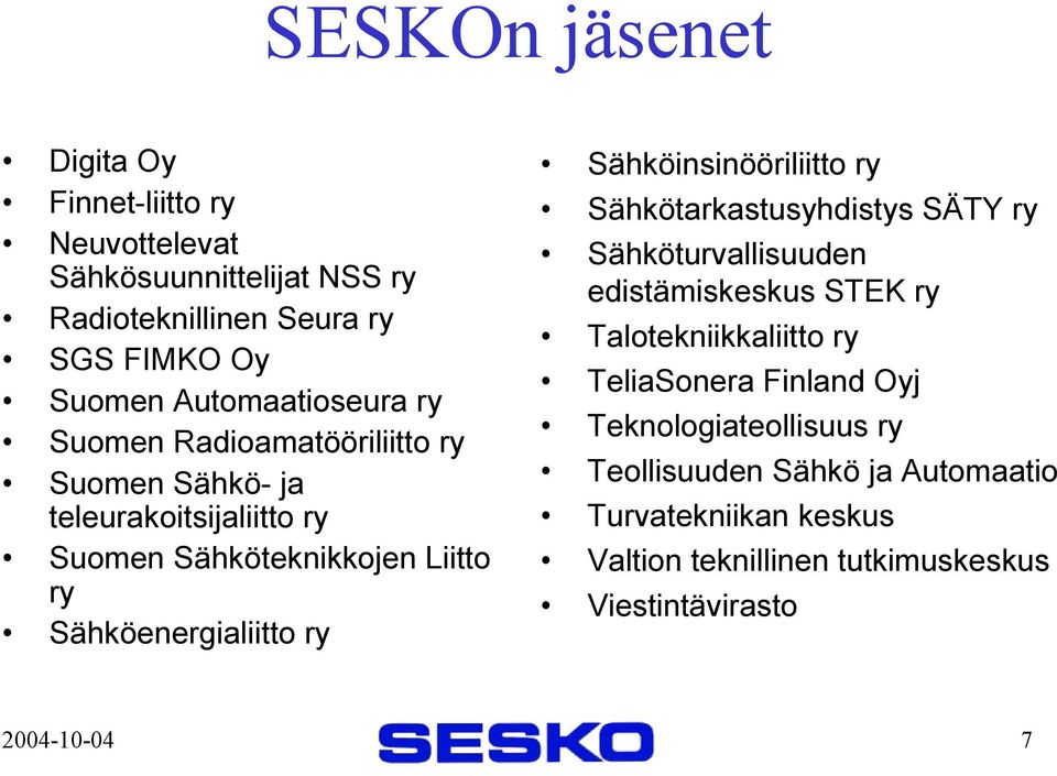 Sähköenergialiitto ry Sähköinsinööriliitto ry Sähkötarkastusyhdistys SÄTY ry Sähköturvallisuuden edistämiskeskus STEK ry Talotekniikkaliitto