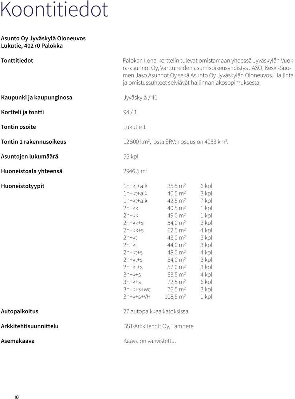 Kaupunki ja kaupunginosa Jyväskylä / 41 Kortteli ja tontti 94 / 1 Tontin osoite Lukutie 1 Tontin 1 rakennusoikeus 12 500 km 2, josta SRV:n osuus on 4053 km 2.