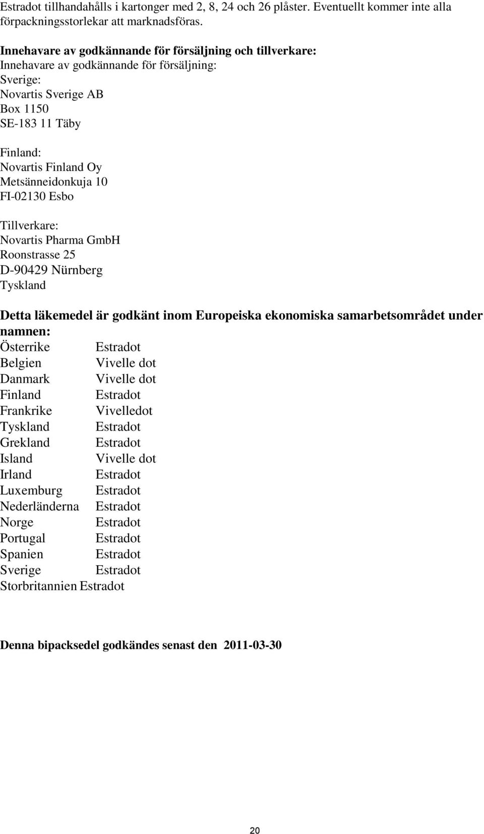 Metsänneidonkuja 10 FI-02130 Esbo Tillverkare: Novartis Pharma GmbH Roonstrasse 25 D-90429 Nürnberg Tyskland Detta läkemedel är godkänt inom Europeiska ekonomiska samarbetsområdet under namnen: