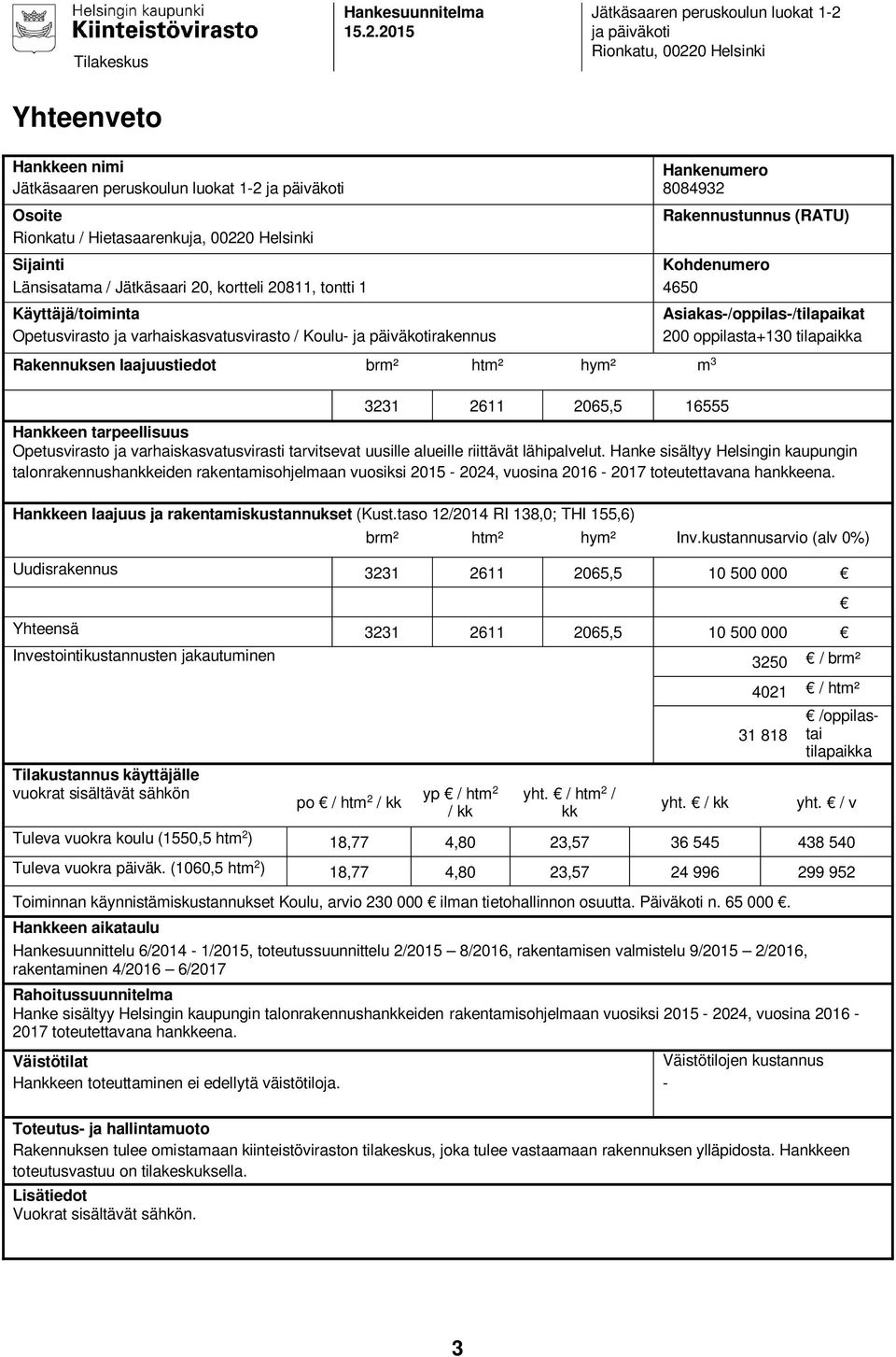 Hietasaarenkuja, 00220 Helsinki Rakennustunnus (RATU) Sijainti Kohdenumero Länsisatama / Jätkäsaari 20, kortteli 20811, tontti 1 4650 Käyttäjä/toiminta Opetusvirasto ja varhaiskasvatusvirasto /