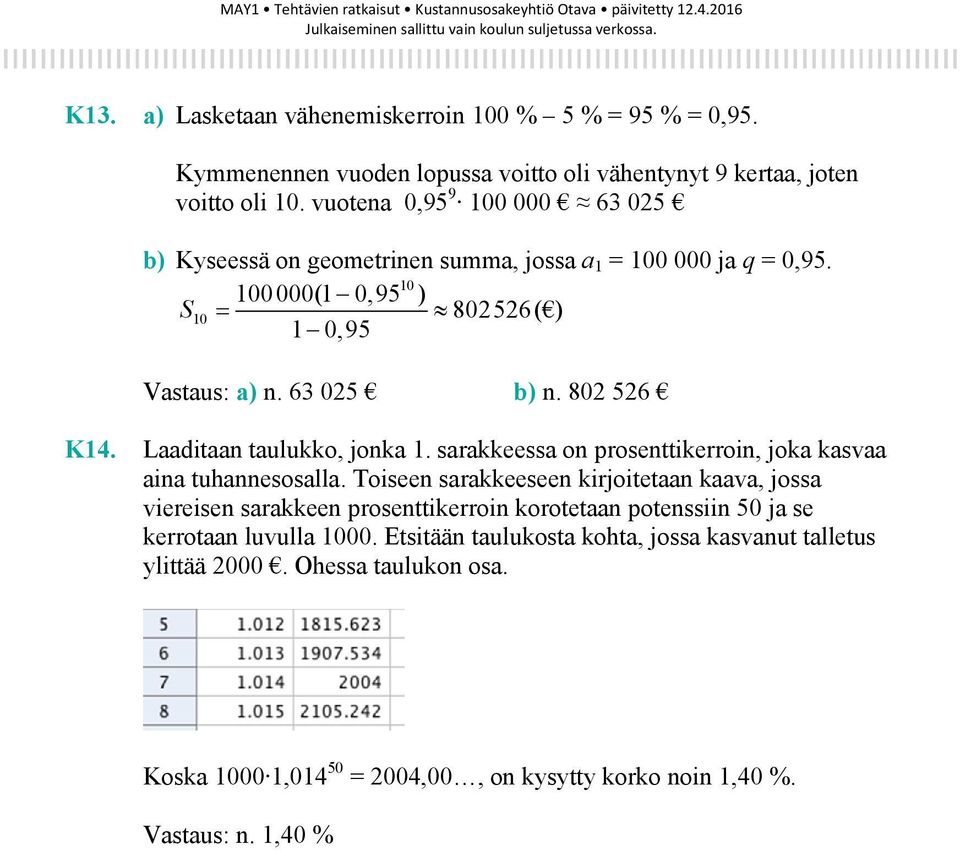 Laaditaan taulukko, jonka 1. sarakkeessa on prosenttikerroin, joka kasvaa aina tuhannesosalla.