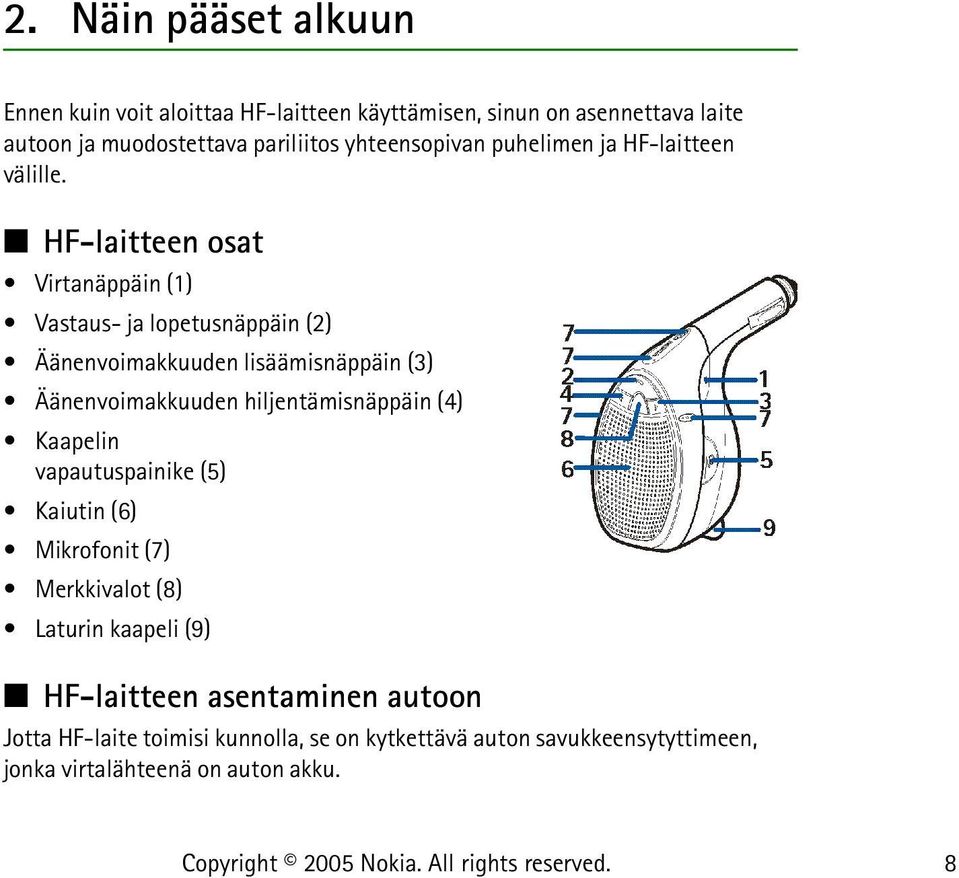 HF-laitteen osat Virtanäppäin (1) Vastaus- ja lopetusnäppäin (2) Äänenvoimakkuuden lisäämisnäppäin (3) Äänenvoimakkuuden hiljentämisnäppäin