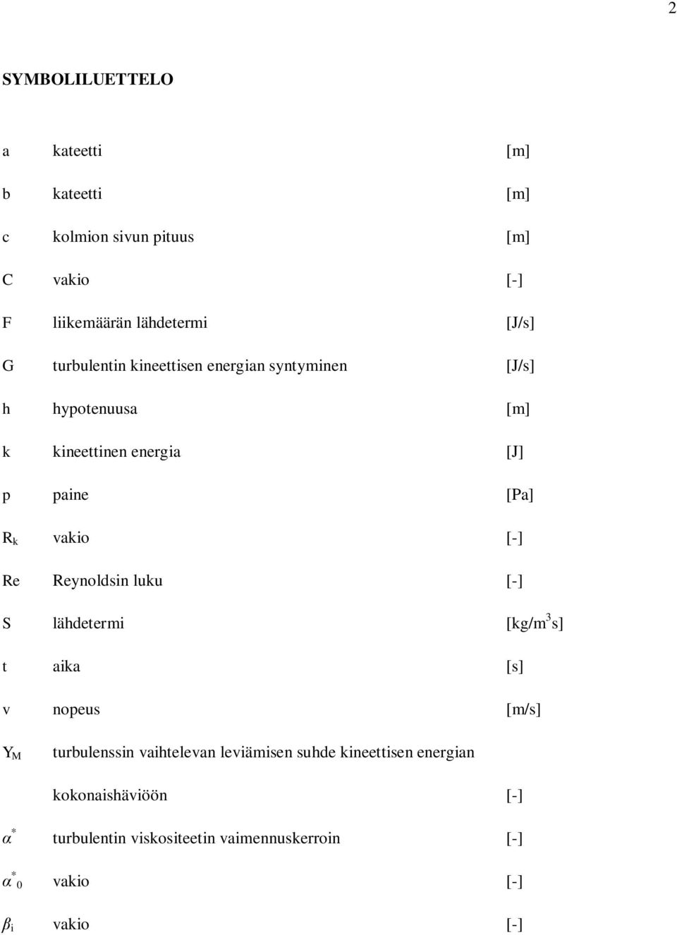 [-] Re Reynoldsin luku [-] S lähdetermi [kg/m 3 s] t aika [s] v nopeus [m/s] Y M turbulenssin vaihtelevan leviämisen