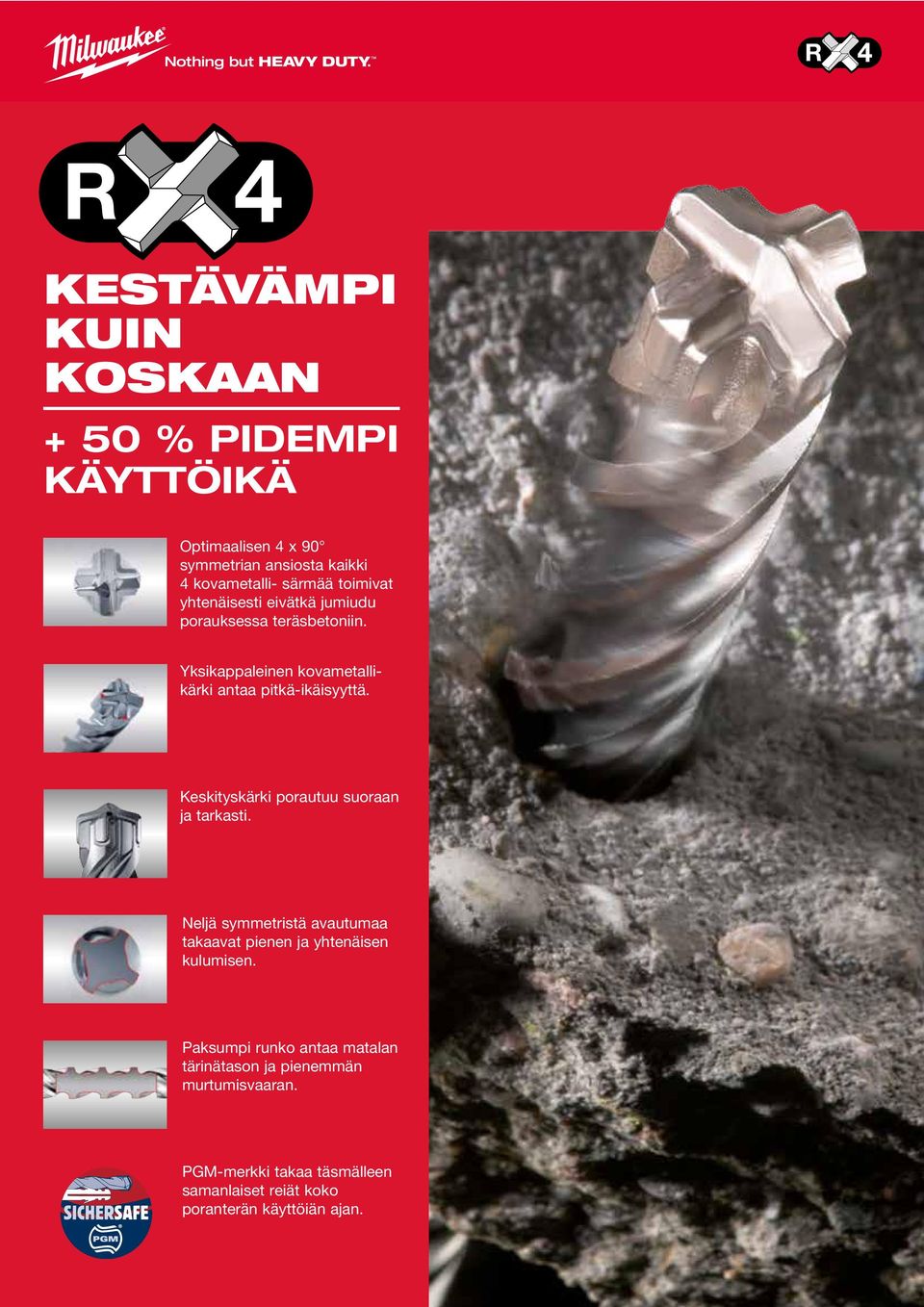 Keskityskärki porautuu suoraan ja tarkasti. Neljä syetristä avautumaa takaavat pienen ja yhtenäisen kulumisen.