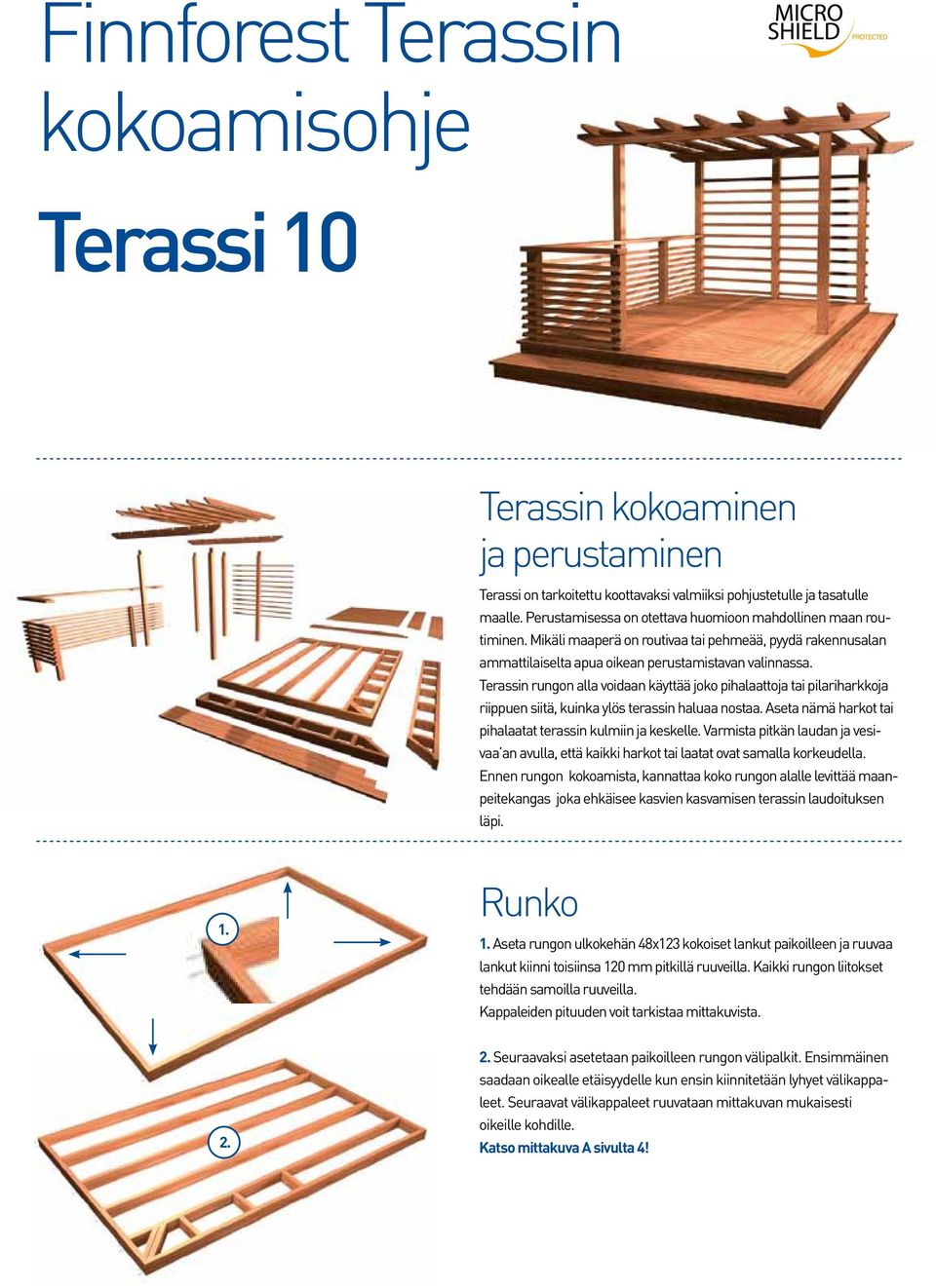 Terassin rungon alla voidaan käyttää joko pihalaattoja tai pilariharkkoja riippuen siitä, kuinka ylös terassin haluaa nostaa. Aseta nämä harkot tai pihalaatat terassin kulmiin ja keskelle.