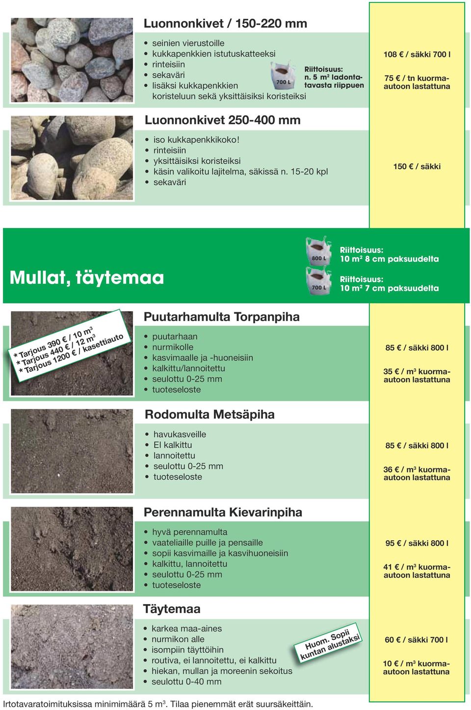 15-20 kpl 150 / säkki Mullat, täytemaa 800 L 10 m 2 8 cm paksuudelta 10 m 2 7 cm paksuudelta * Tarjous 390 / 10 m 3 * Tarjous 440 / 12 m 3 * Tarjous 1200 / kasettiauto Puutarhamulta Torpanpiha