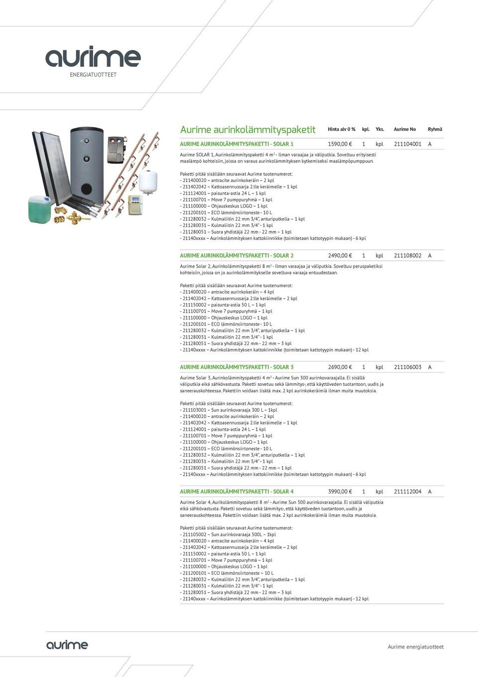 Paketti pitää sisällään seuraavat Aurime tuotenumerot: - 211400020 antracite aurinkokeräin 2 kpl - 211402042 Kattoasennussarja 2:lle keräimelle 1 kpl - 211124001 paisunta-astia 24 L 1 kpl - 211100701