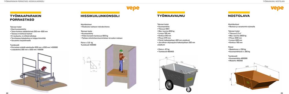 Lisäaskelma 300 mm x 1200 mm 430081 Hissikuilun työtason tukirakenteena Yhden konsolin kantavuus 800 kg Työtaso mitoitettava kuormituksen tai aukon mukaan Paino n. 0,9 kg 430060 Tilavuus 400 l Max.