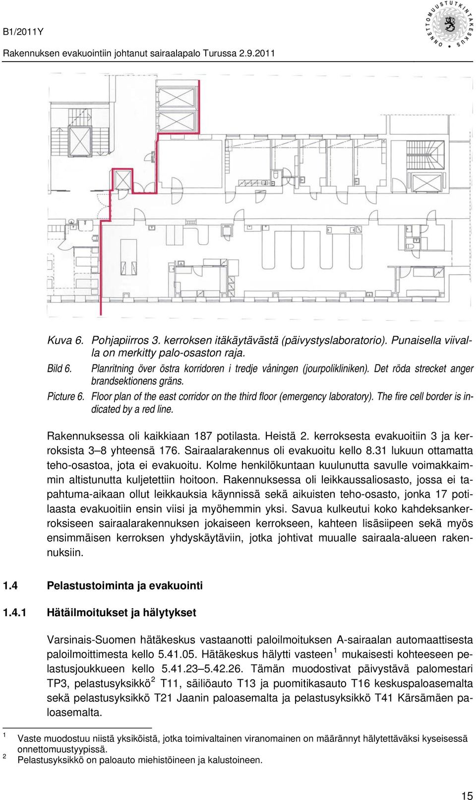 Floor plan of the east corridor on the third floor (emergency laboratory). The fire cell border is indicated by a red line. Rakennuksessa oli kaikkiaan 187 potilasta. Heistä 2.