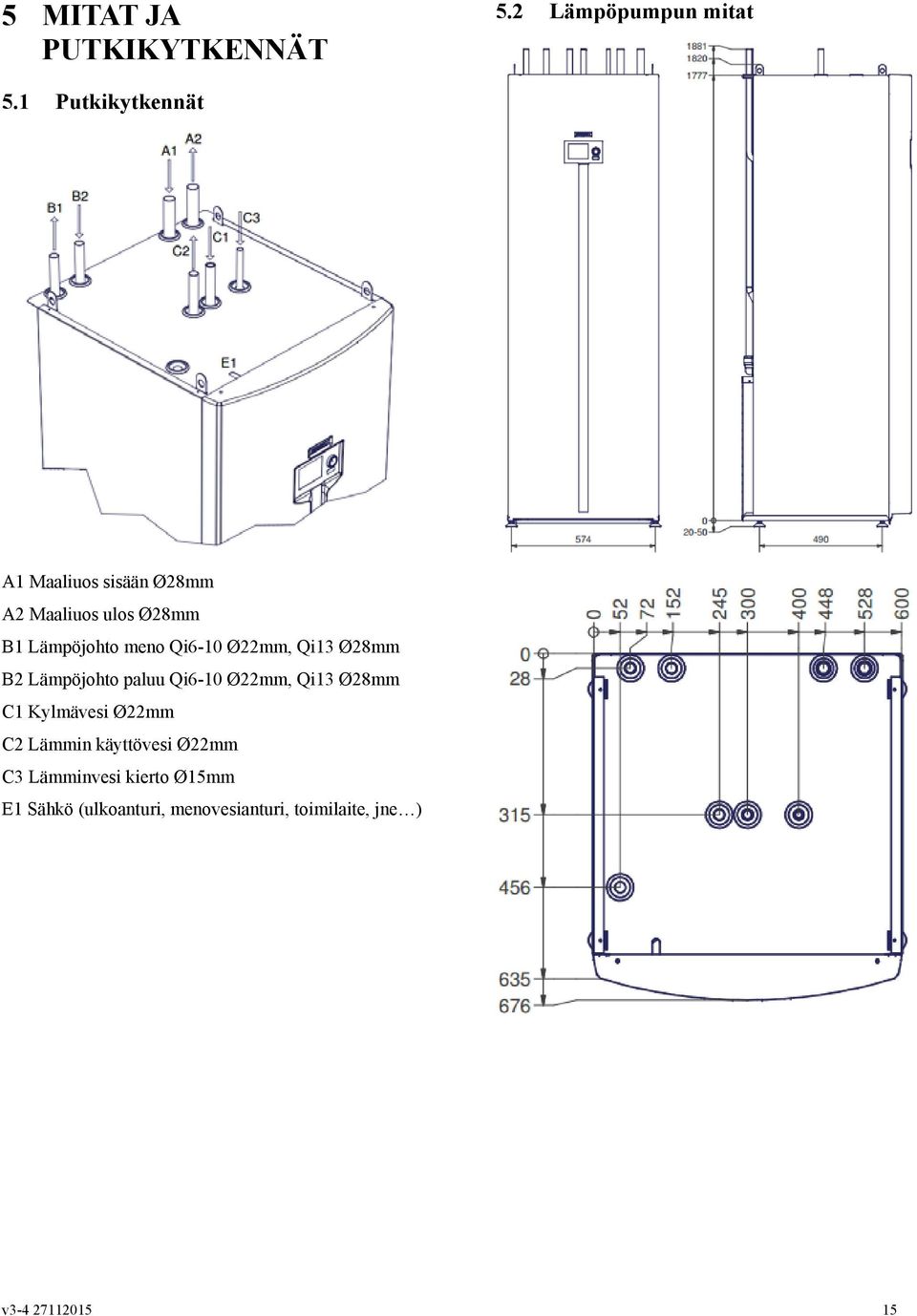 Qi6-10 Ø22mm, Qi13 Ø28mm B2 Lämpöjohto paluu Qi6-10 Ø22mm, Qi13 Ø28mm C1 Kylmävesi