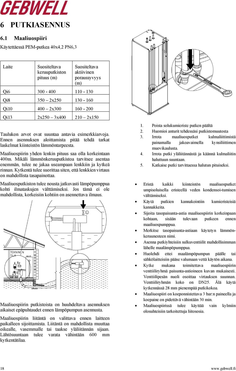 160-200 Qi13 2x250 3x400 210 2x150 Taulukon arvot ovat suuntaa antavia esimerkkiarvoja. Ennen asennuksen aloittamista pitää tehdä tarkat laskelmat kiinteistön lämmöntarpeesta.