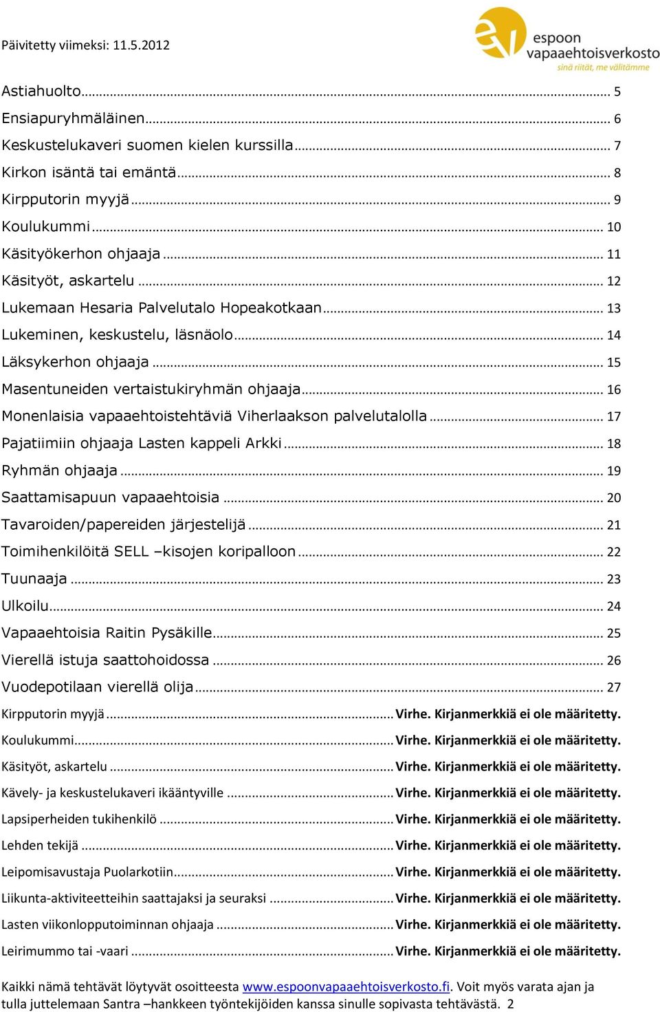 .. 16 Monenlaisia vapaaehtoistehtäviä Viherlaakson palvelutalolla... 17 Pajatiimiin ohjaaja Lasten kappeli Arkki... 18 Ryhmän ohjaaja... 19 Saattamisapuun vapaaehtoisia.