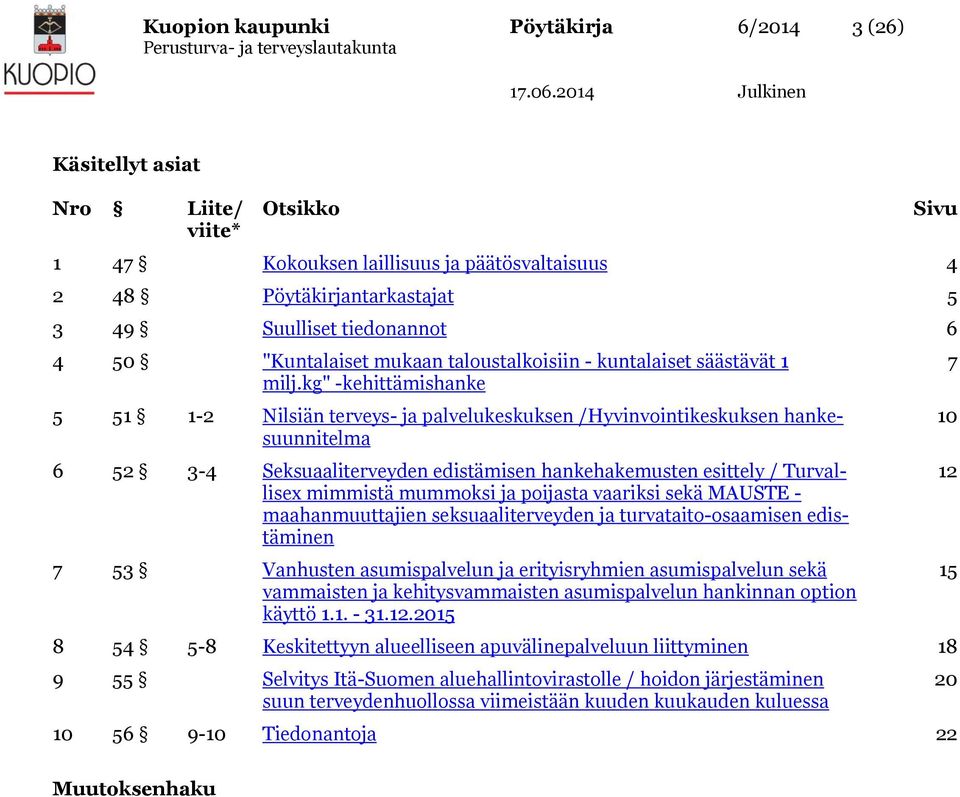 kg" -kehittämishanke 5 51 1-2 Nilsiän terveys- ja palvelukeskuksen /Hyvinvointikeskuksen hankesuunnitelma 6 52 3-4 Seksuaaliterveyden edistämisen hankehakemusten esittely / Turvallisex mimmistä