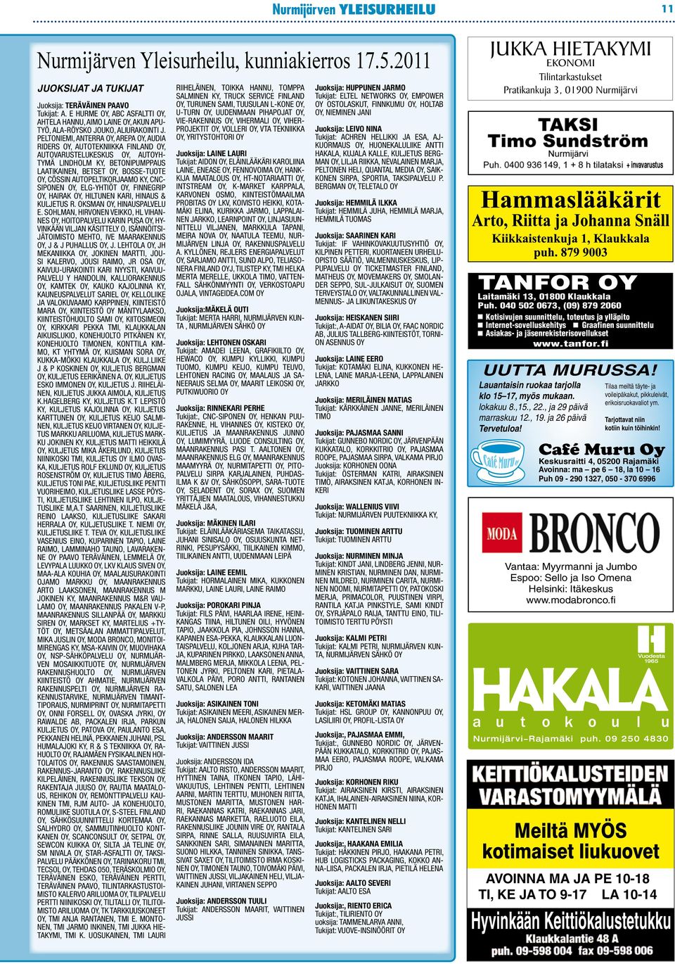 AUTOPELTIKORJAAMO KY, CNC- SIPONEN OY, ELG-YHTIÖT OY, FINNEGRIP OY, HAIRAK OY, HILTUNEN KARI, HINAUS & KULJETUS R. OKSMAN OY, HINAUSPALVELU E.