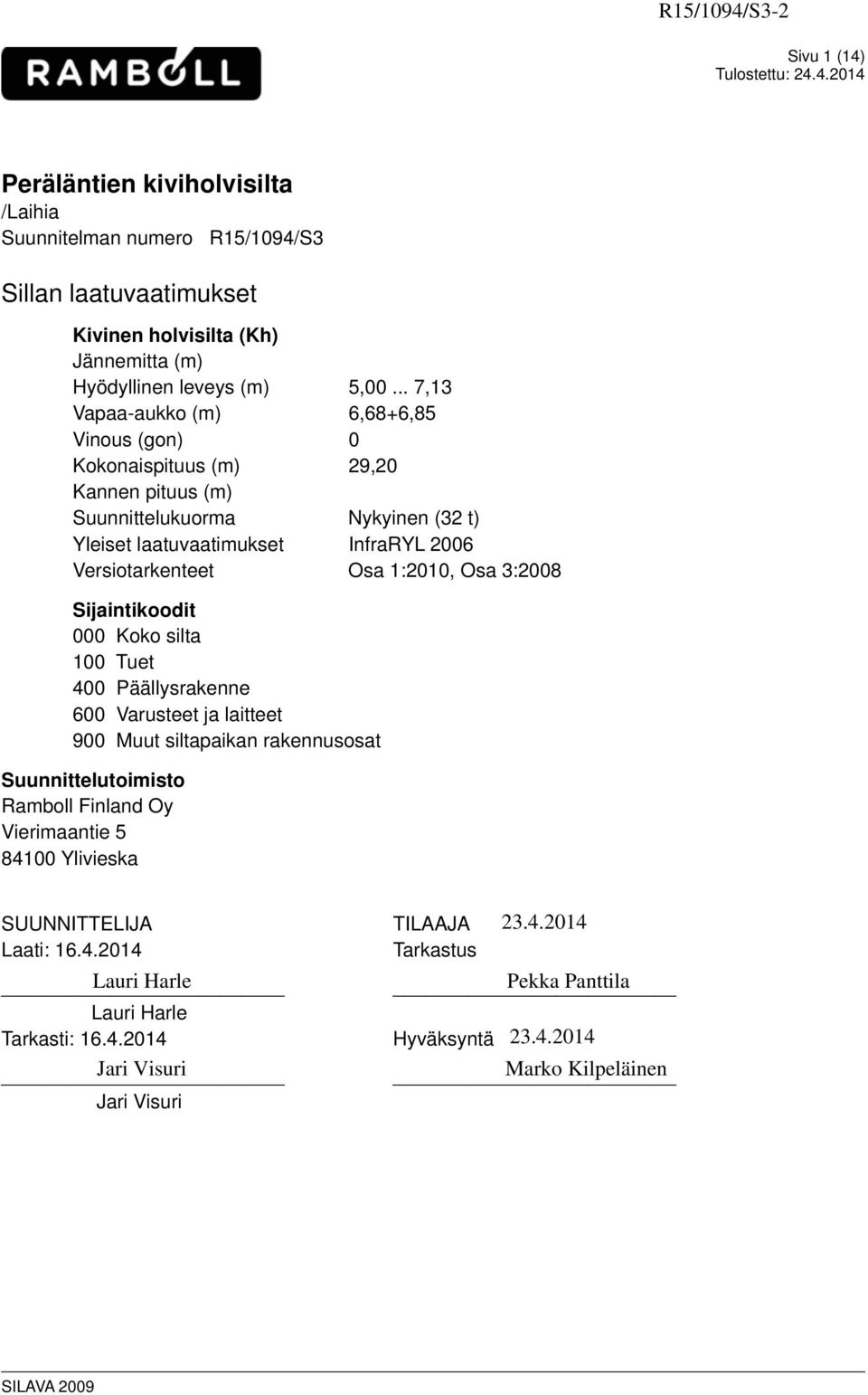 2006 Versiotarkenteet Osa 1:2010, Osa 3:2008 Sijaintikoodit 000 Koko silta 100 Tuet 400 Päällysrakenne 600 Varusteet ja laitteet 900 Muut siltapaikan