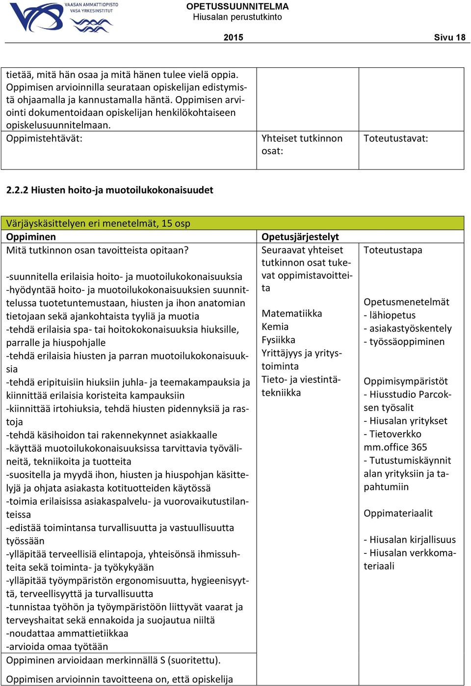 2.2 Hiusten hoito-ja muotoilukokonaisuudet Värjäyskäsittelyen eri menetelmät, 15 osp Mitä tutkinnon osan tavoitteista opitaan?