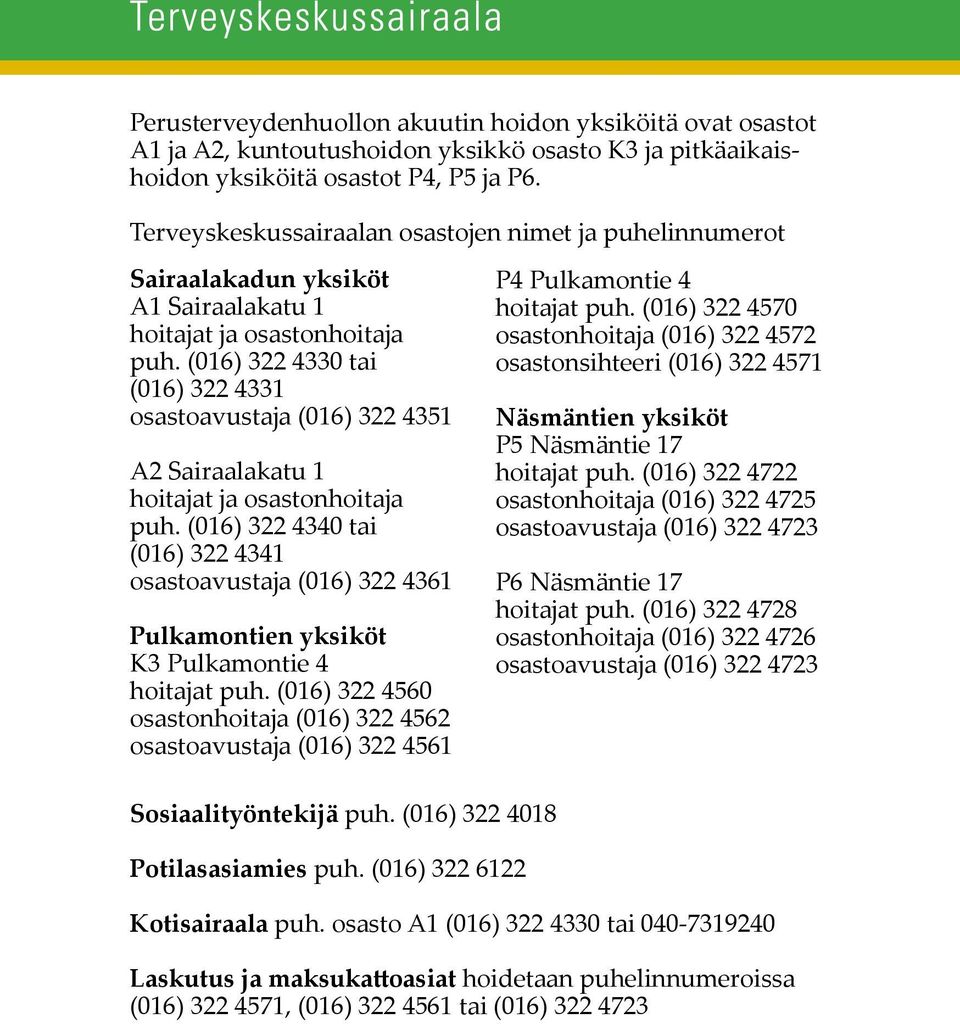 (016) 322 4330 tai (016) 322 4331 osastoavustaja (016) 322 4351 A2 Sairaalakatu 1 hoitajat ja osastonhoitaja puh.