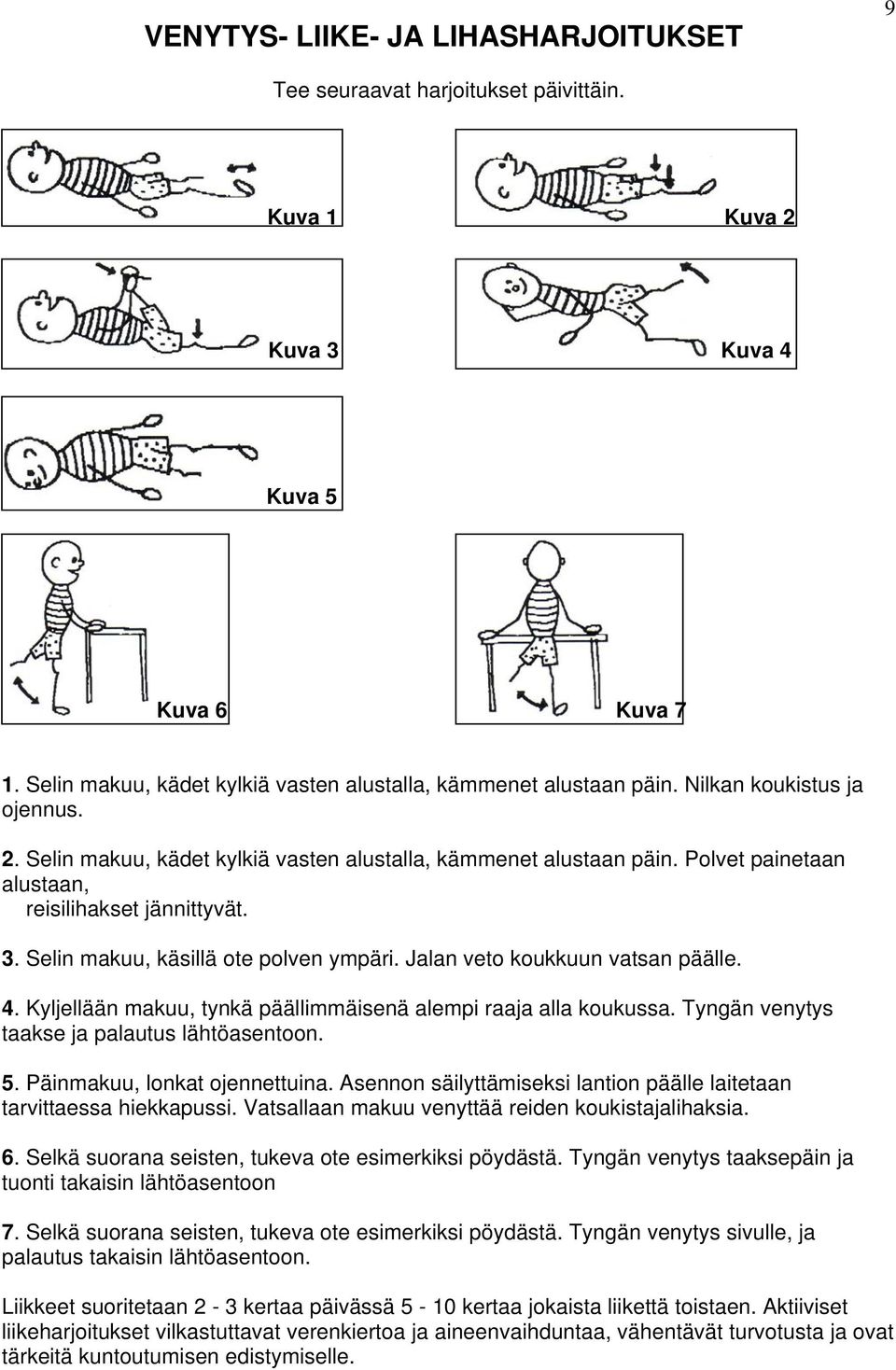 Jalan veto koukkuun vatsan päälle. 4. Kyljellään makuu, tynkä päällimmäisenä alempi raaja alla koukussa. Tyngän venytys taakse ja palautus lähtöasentoon. 5. Päinmakuu, lonkat ojennettuina.