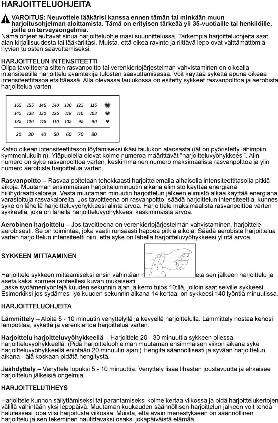 Tarkempia harjoitteluohjeita saat alan kirjallisuudesta tai lääkäriltäsi. Muista, että oikea ravinto ja riittävä lepo ovat välttämättömiä hyvien tulosten saavuttamiseksi.