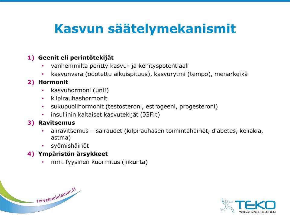 ) kilpirauhashormonit sukupuolihormonit (testosteroni, estrogeeni, progesteroni) insuliinin kaltaiset kasvutekijät (IGF:t)