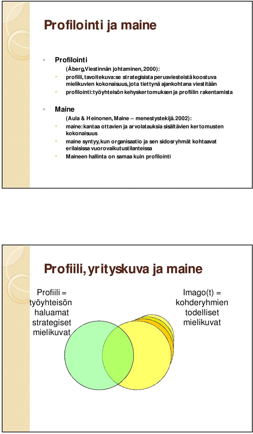 2002): maine: kantaa ottavien ja arvolatauksia sisältävien kertomusten kokonaisuus maine syntyy, kun organisaatio ja sen sidosryhmät kohtaavat erilaisissa