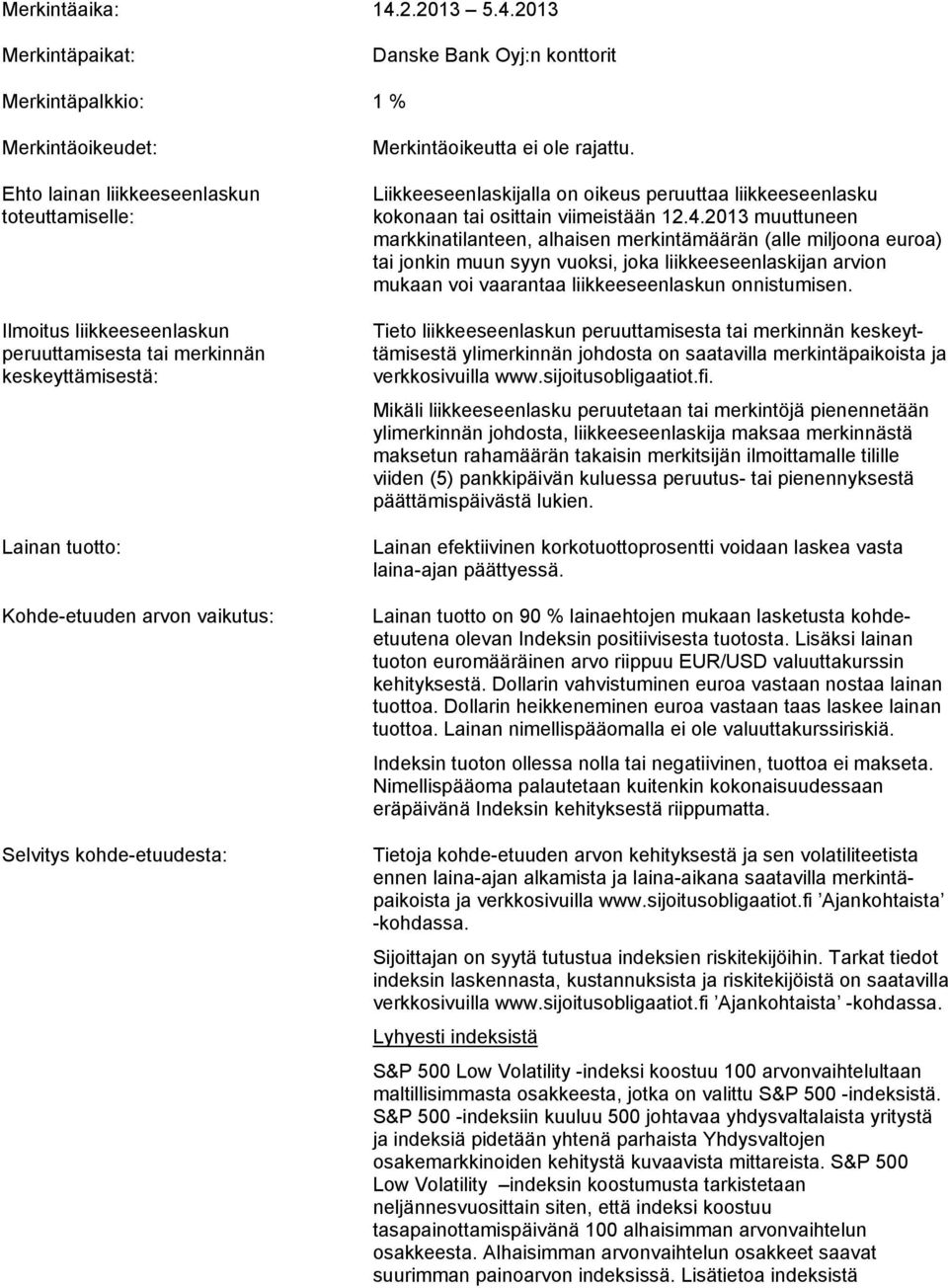 2013 Merkintäpaikat: Danske Bank Oyj:n konttorit Merkintäpalkkio: 1 % Merkintäoikeudet: Ehto lainan liikkeeseenlaskun toteuttamiselle: Ilmoitus liikkeeseenlaskun peruuttamisesta tai merkinnän