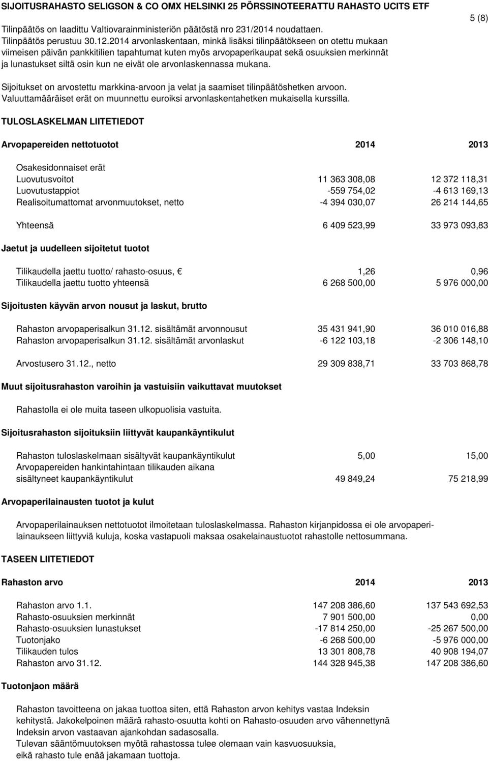 eivät ole arvonlaskennassa mukana. 5 (8) Sijoitukset on arvostettu markkina-arvoon ja velat ja saamiset tilinpäätöshetken arvoon.