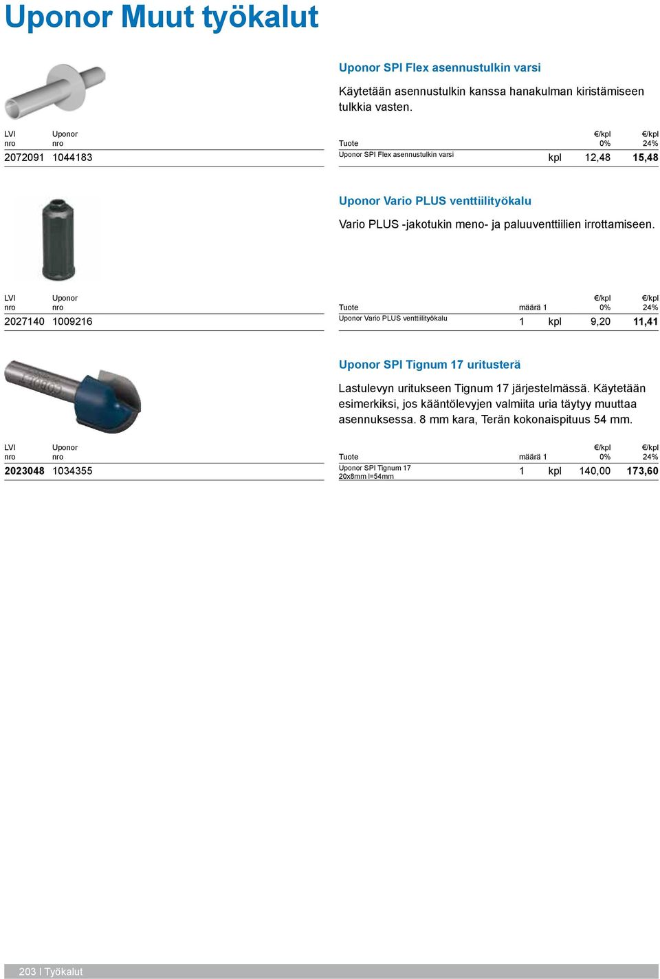 irrottamiseen. 2027140 1009216 Vario PLUS venttiilityökalu 1 kpl 9,20 11,41 SPI Tignum 17 uritusterä Lastulevyn uritukseen Tignum 17 järjestelmässä.