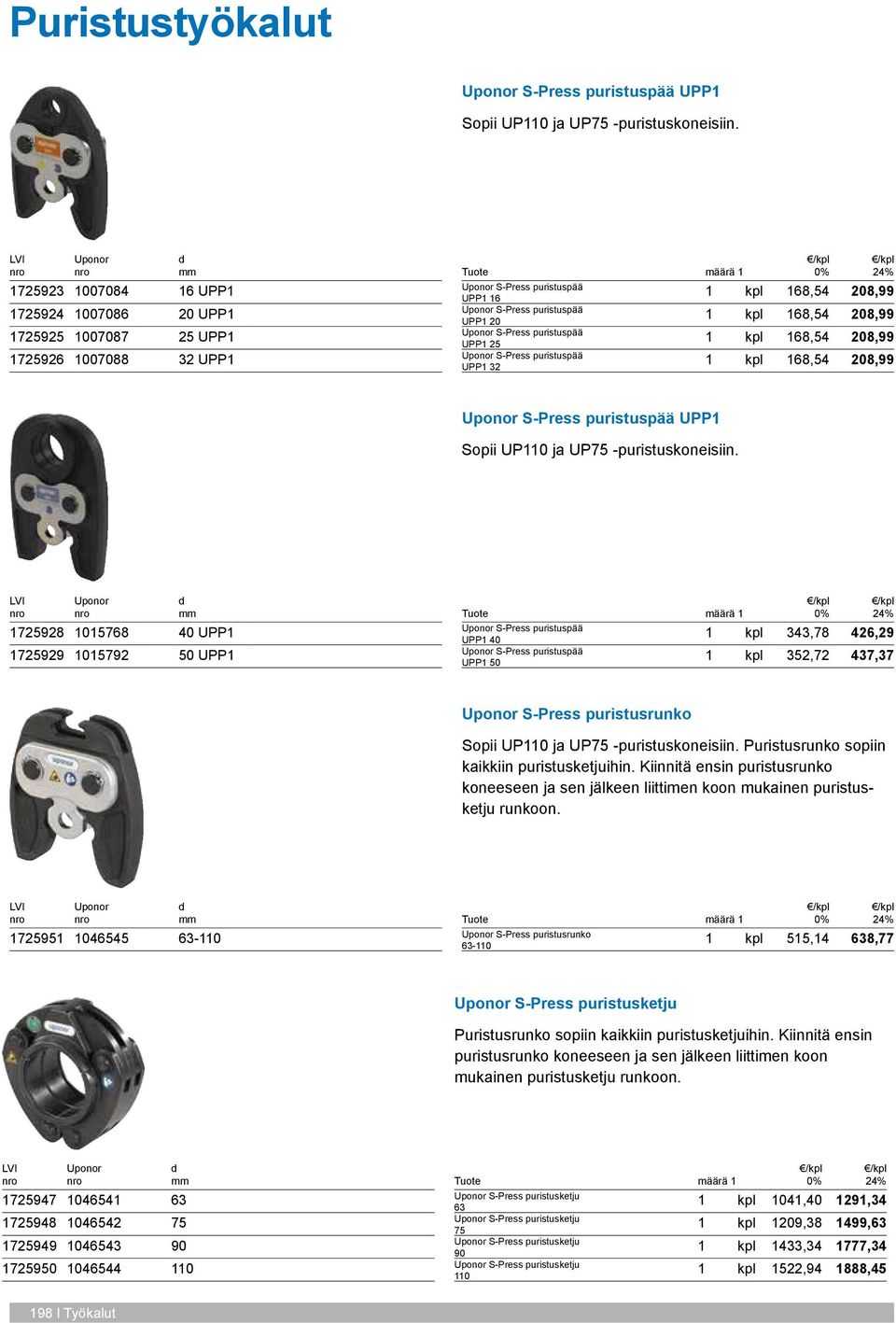 puristuspää UPP1 25 1 kpl 168,54 208,99 S-Press puristuspää UPP1 32 1 kpl 168,54 208,99 S-Press puristuspää UPP1 Sopii UP110 ja UP75 -puristuskoneisiin.