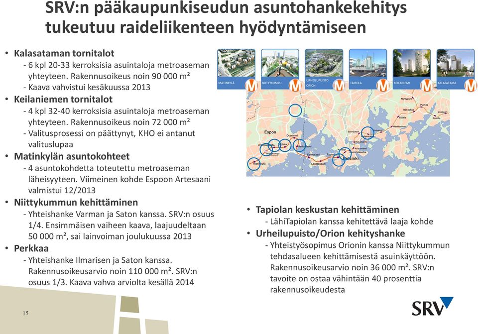 Rakennusoikeus noin 72 000 m² - Valitusprosessi on päättynyt, KHO ei antanut valituslupaa Matinkylän asuntokohteet - 4 asuntokohdetta toteutettu metroaseman läheisyyteen.