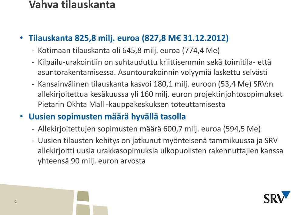 Asuntourakoinnin volyymiä laskettu selvästi - Kansainvälinen tilauskanta kasvoi 180,1 milj. euroon (53,4 Me) SRV:n allekirjoitettua kesäkuussa yli 160 milj.