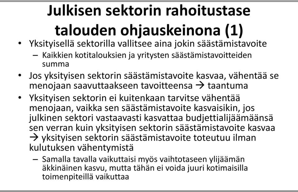 sen säästämistavoite kasvaisikin, jos julkinen sektori vastaavasti kasvattaa budjettialijäämäänsä sen verran kuin yksityisen sektorin säästämistavoite kasvaa yksityisen sektorin