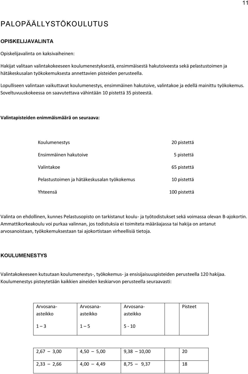 Soveltuvuuskokeessa on saavutettava vähintään 10 pistettä 35 pisteestä.