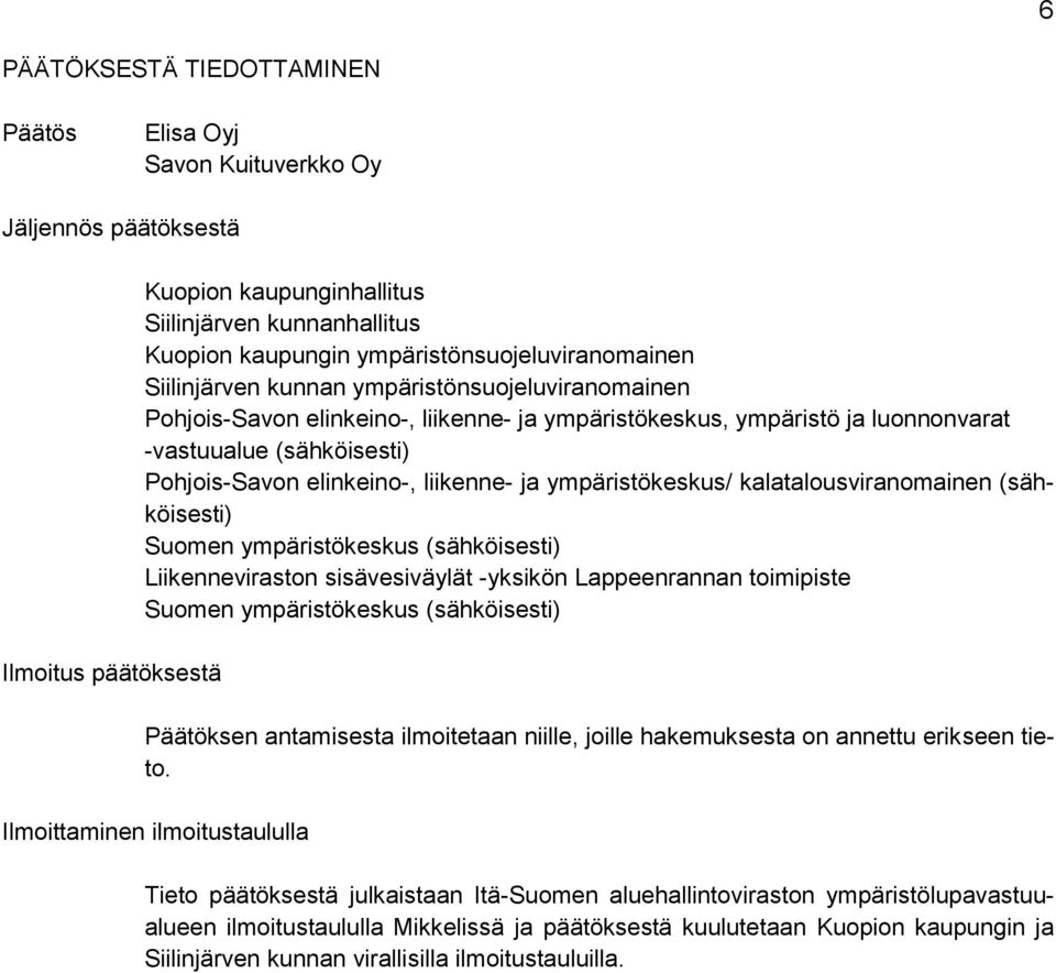 Pohjois-Savon elinkeino-, liikenne- ja ympäristökeskus/ kalatalousviranomainen (sähköisesti) Suomen ympäristökeskus (sähköisesti) Liikenneviraston sisävesiväylät -yksikön Lappeenrannan toimipiste