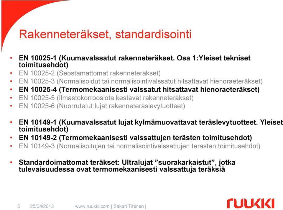 valssatut hitsattavat hienoraeteräkset) EN 10025-5 (Ilmastokorroosiota kestävät rakenneteräkset) EN 10025-6 (Nuorrutetut lujat rakenneteräslevytuotteet) EN 10149-1 (Kuumavalssatut lujat