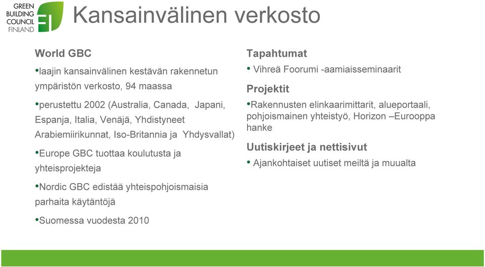 Tapahtumat Vihreä Foorumi -aamiaisseminaarit Projektit Rakennusten elinkaarimittarit, alueportaali, pohjoismainen yhteistyö, Horizon Eurooppa