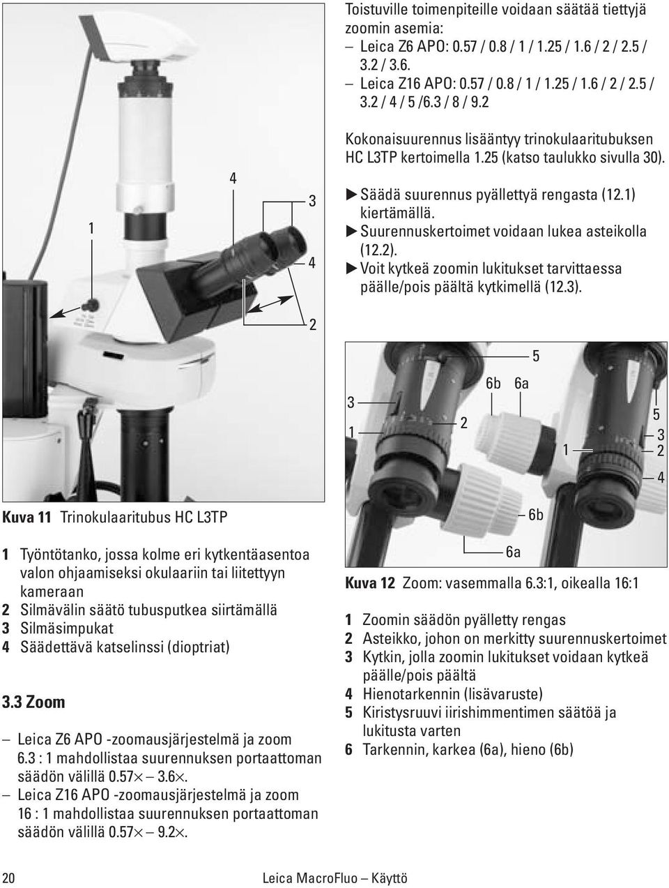 Suurennuskertoimet voidaan lukea asteikolla (12.2). Voit kytkeä zoomin lukitukset tarvittaessa päälle/pois päältä kytkimellä (12.3).