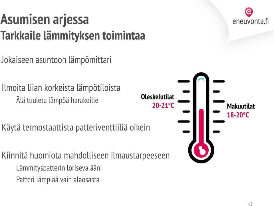 termostaattista patteriventtiiliä oikein Oleskelutilat 20-21 C Makuutilat 18-20 C