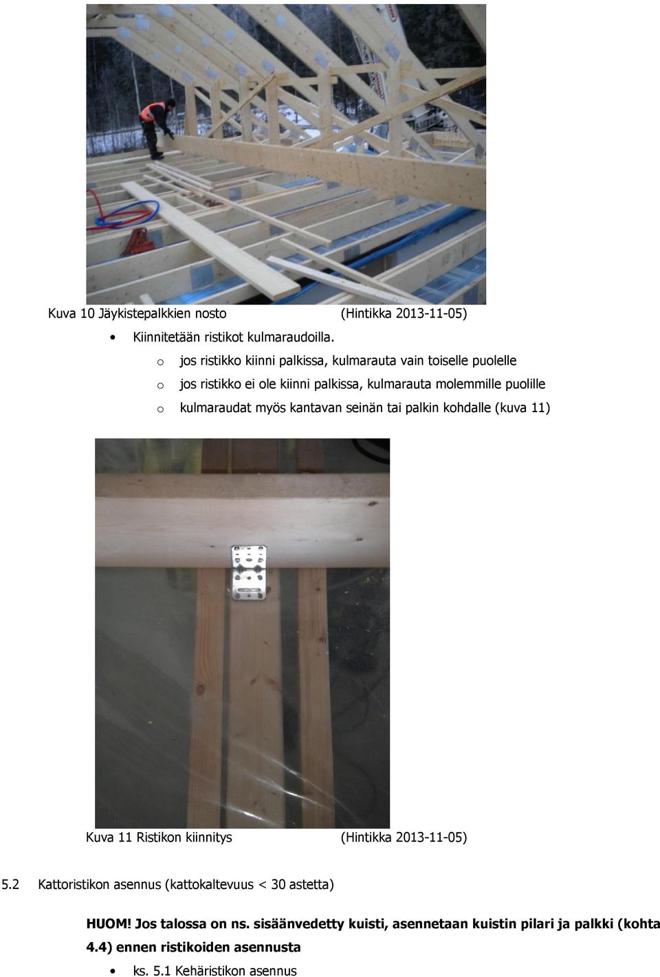 o kulmaraudat myös kantavan seinän tai palkin kohdalle (kuva 11) Kuva 11 Ristikon kiinnitys (Hintikka 2013-11-05) 5.