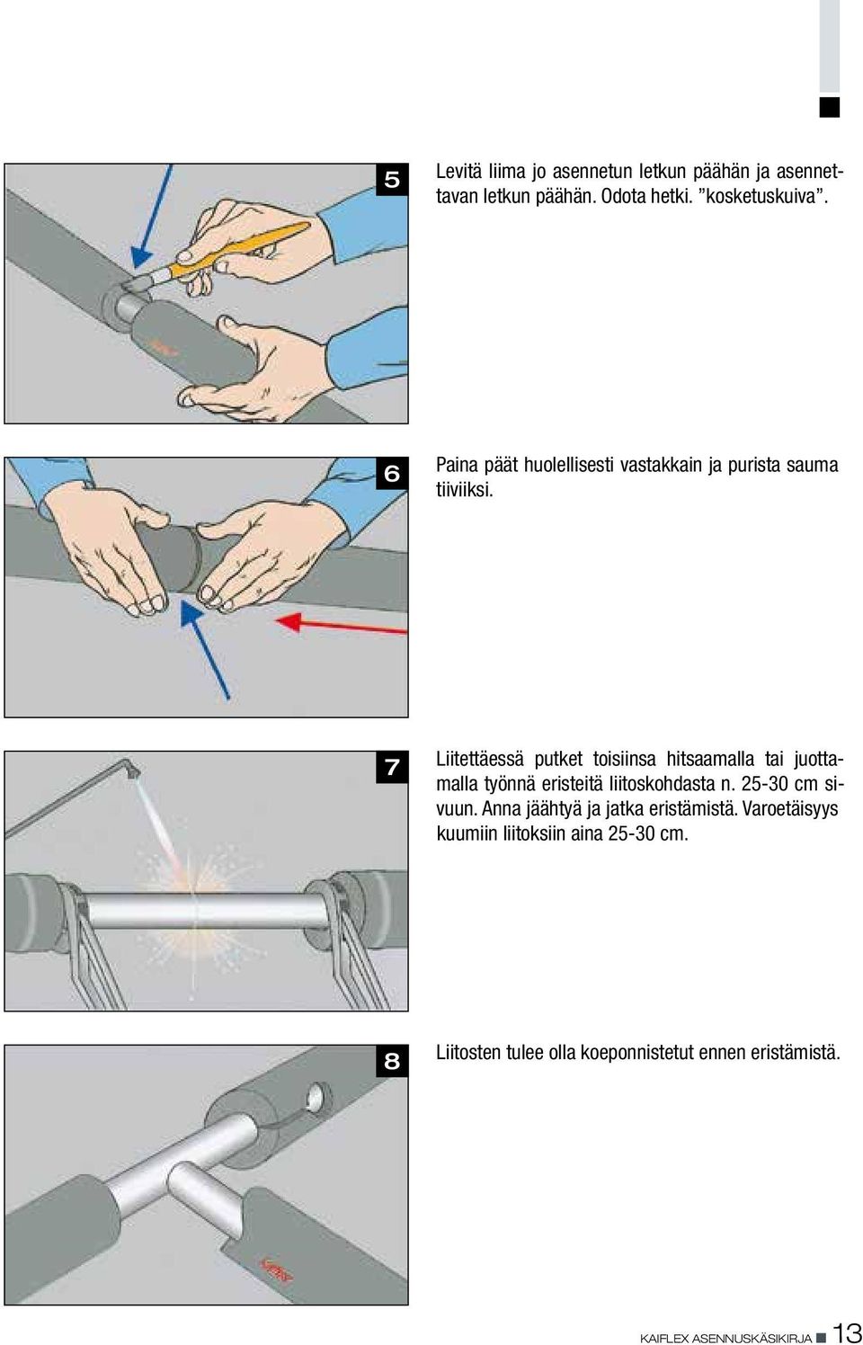 7 Liitettäessä putket toisiinsa hitsaamalla tai juottamalla työnnä eristeitä liitoskohdasta n. 25-30 cm sivuun.