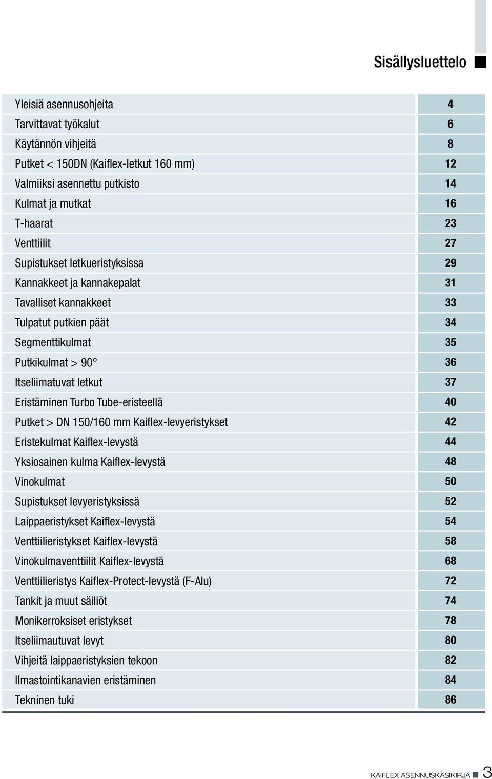 Eristäminen Turbo Tube-eristeellä 40 Putket > DN 150/160 mm Kaiflex-levyeristykset 42 Eristekulmat Kaiflex-levystä 44 Yksiosainen kulma Kaiflex-levystä 48 Vinokulmat 50 Supistukset levyeristyksissä