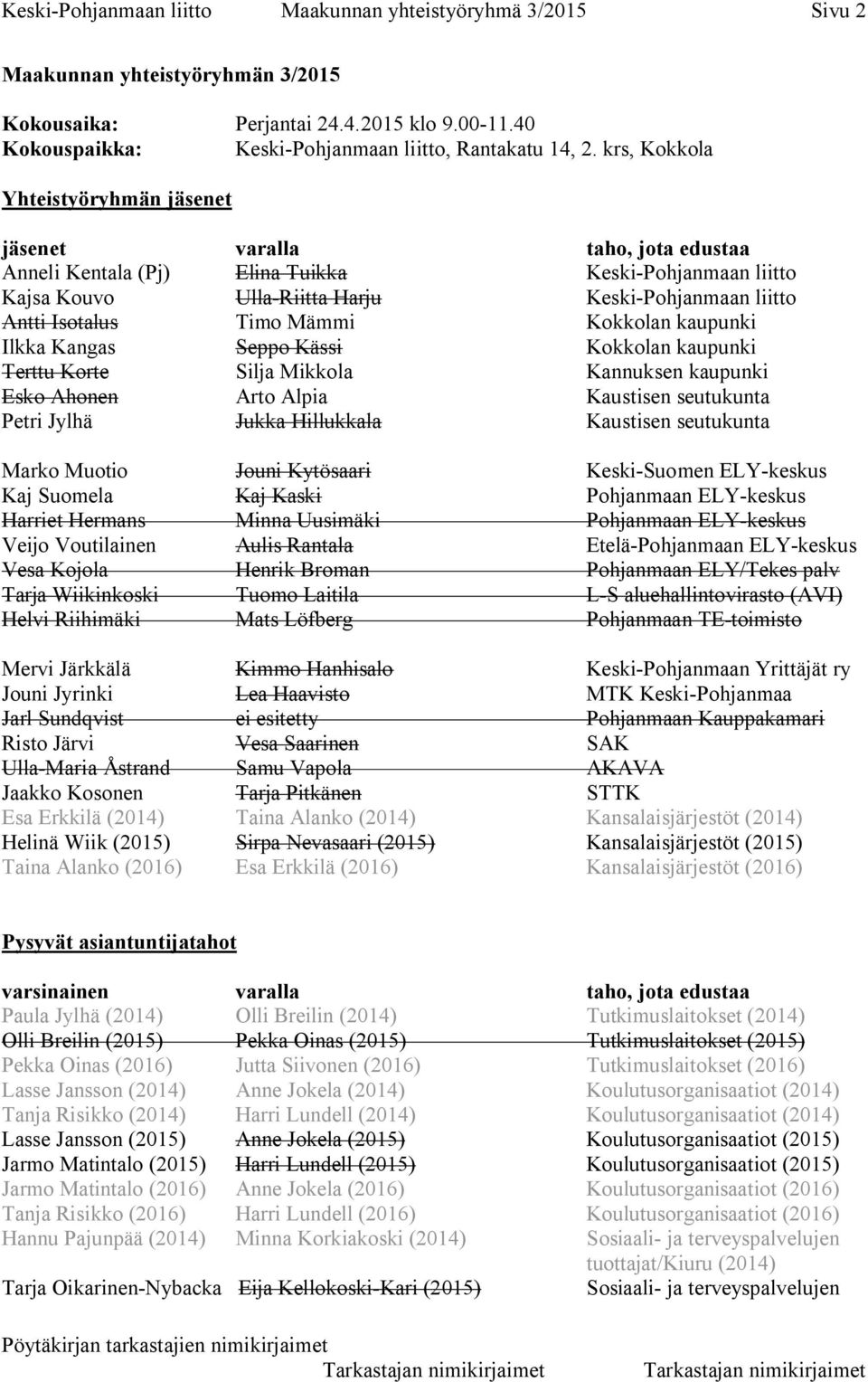 Timo Mämmi Kokkolan kaupunki Ilkka Kangas Seppo Kässi Kokkolan kaupunki Terttu Korte Silja Mikkola Kannuksen kaupunki Esko Ahonen Arto Alpia Kaustisen seutukunta Petri Jylhä Jukka Hillukkala