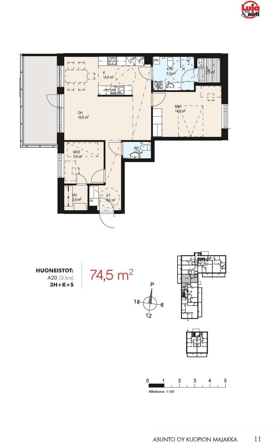 krs) 3H++ 74,5 m 2 A OY UOION MAJAA 3H + + Huoneistot: A13