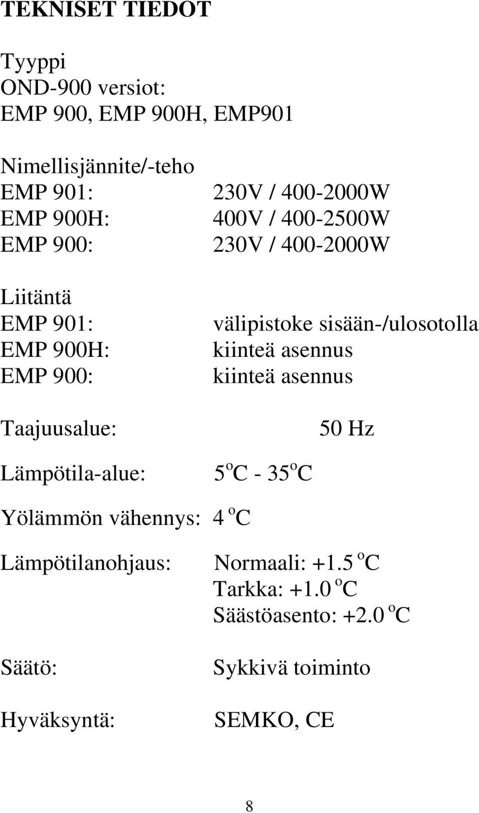 Lämpötila-alue: välipistoke sisään-/ulosotolla kiinteä asennus kiinteä asennus 50 Hz 5 o C - 35 o C Yölämmön