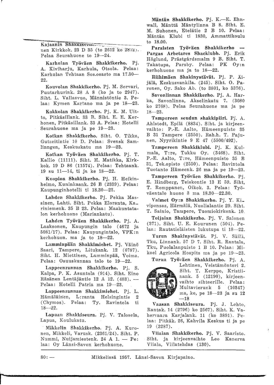 Kokkolan Shakkikerho. Pj. K. M. Uitto, Pitkäsillank. 33 B. Siht. E. E. Korhonen, Pitkäsillank. 33 A. Pelaa: Hotelli Seurahuone ma ja pe 19~23. Kotkan Shakklkerho. Siht. O. Tikka, Gutzeitintie 1 D.
