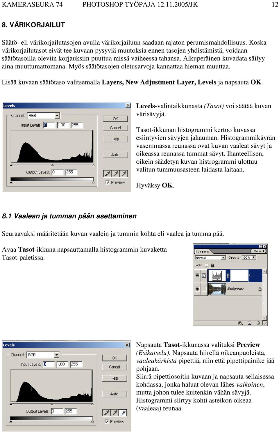 Alkuperäinen kuvadata säilyy aina muuttumattomana. Myös säätötasojen oletusarvoja kannattaa hieman muuttaa. Lisää kuvaan säätötaso valitsemalla Layers, New Adjustment Layer, Levels ja napsauta OK.