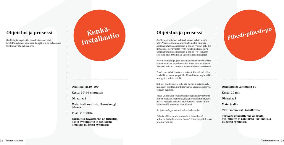 Kun hän osoittaa jotakin osallistujaa ja sanoo Pibedi-pibedi, kehässä seisova vastaa Po!. Kun keskellä seisova osoittaa jotakin osallistujaa ja sanoo Po, kehässä seisovan on oltava hiljaa.